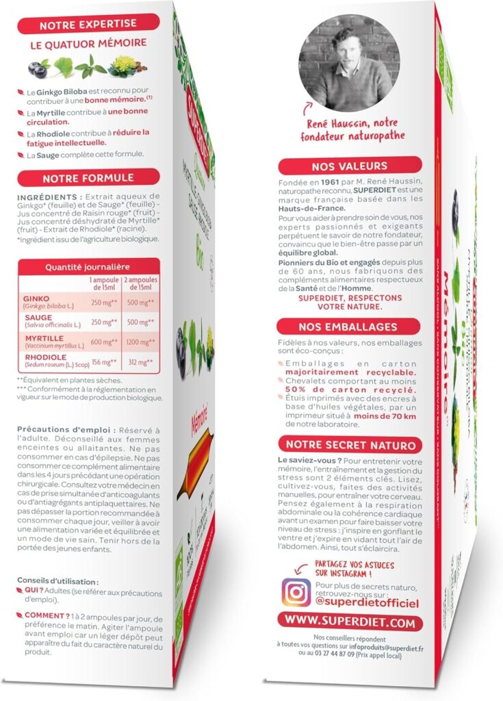 Deux faces de l'emballage du produit, avec les informations sur le complément alimentaire.