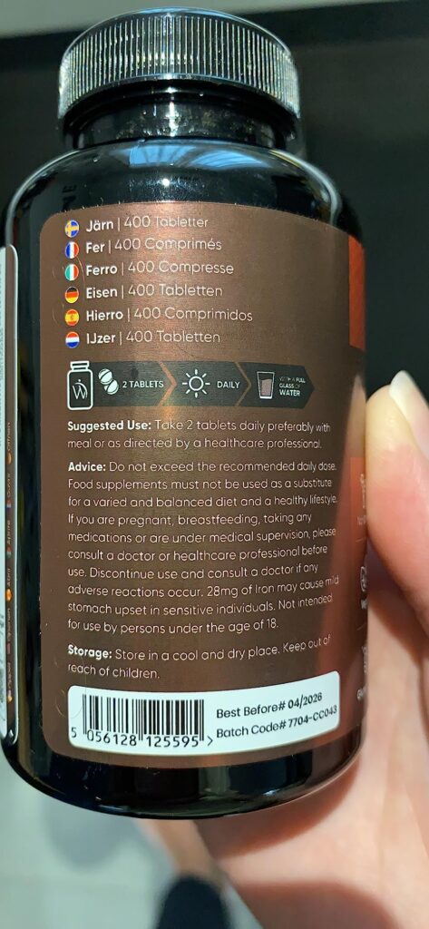 Détail de l'arrière du sachet d'Iron Bisglycinate, montrant les informations nutritionnelles et d'utilisation. Le sachet est...