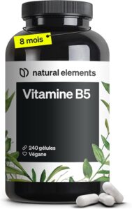 Vitamine B5 – 240 gélules – 500 mg d’acide pantothénique hautement dosé – végane – produit