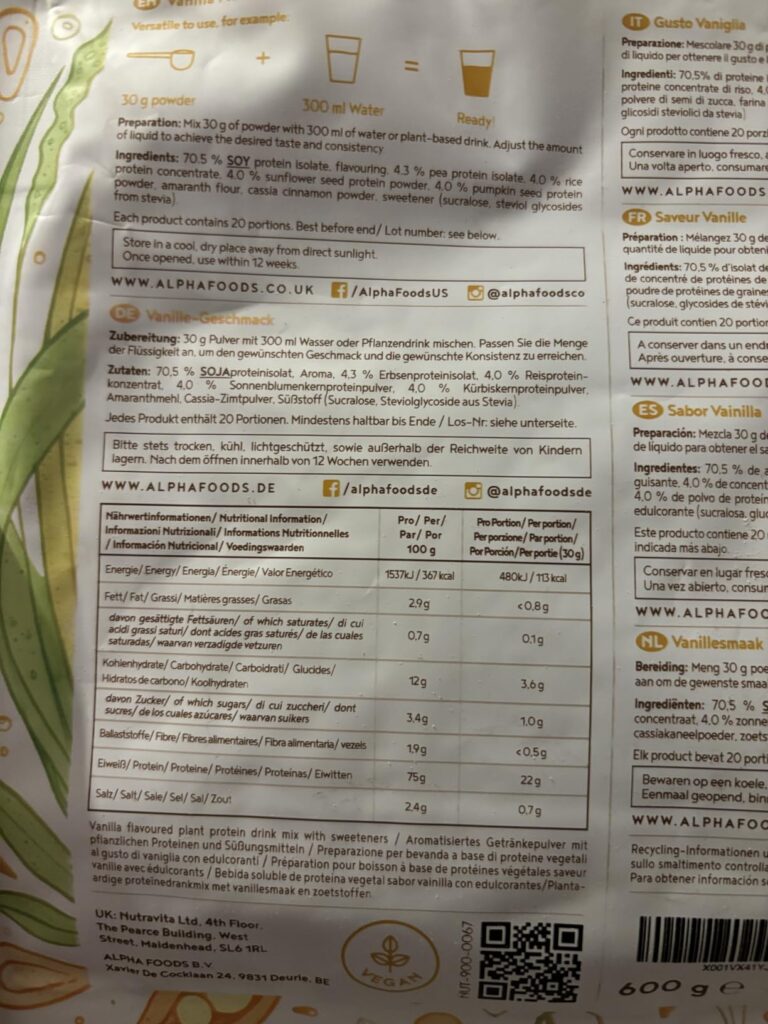 Le dos du sachet souple (même produit que l'image 0), avec la liste des ingrédients et le tableau des valeurs nutritionnelles...