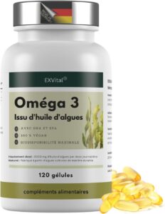 EXVital® Oméga 3 à base d'huile d'algues, végétalien, 120 gélules, 2000 mg, 600 mg de DHA