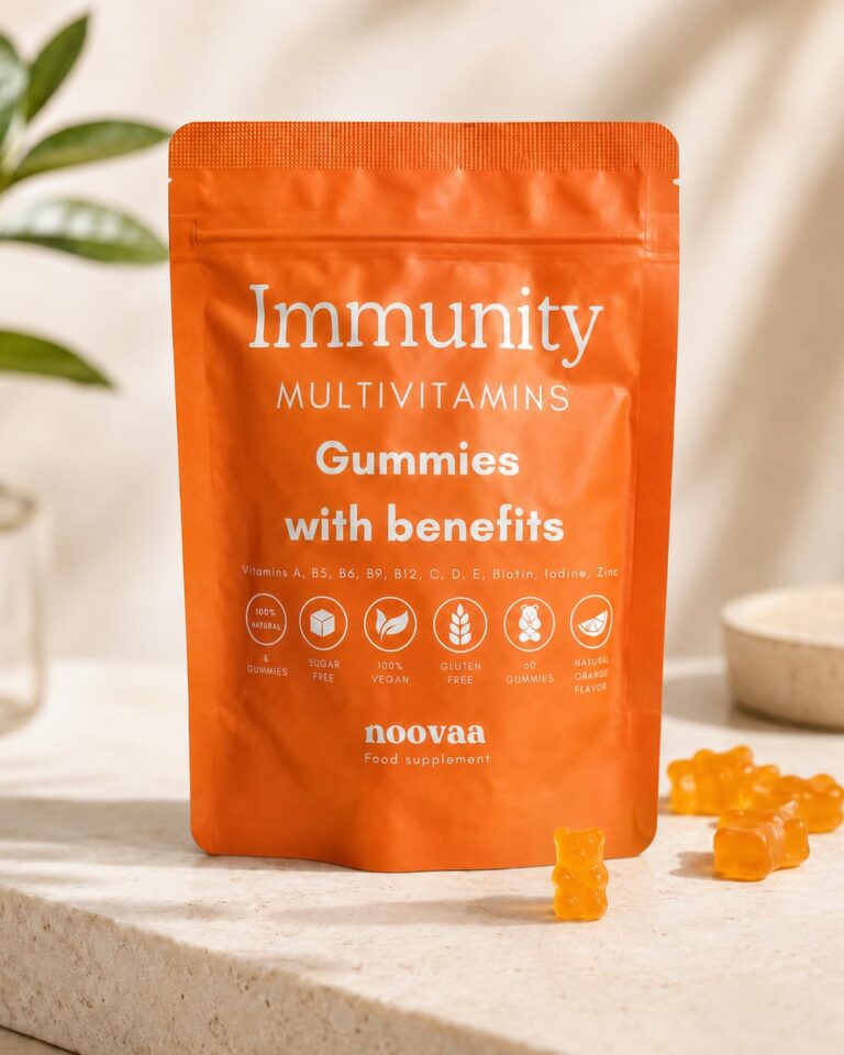 Sachet de compléments alimentaires Noovaa, multivitaminés pour l'immunité, saveur orange, posé sur un rebord en pierre, près...