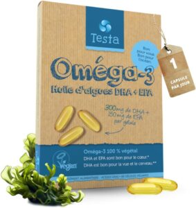 Omega 3 Vegan - Huile d'Algue haute concentration - 300 mg DHA + 150 mg EPA par capsule -