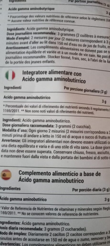 Gros plan sur l'arrière de l'emballage du sachet GABA Pure, montrant les instructions d'utilisation et les avertissements en...
