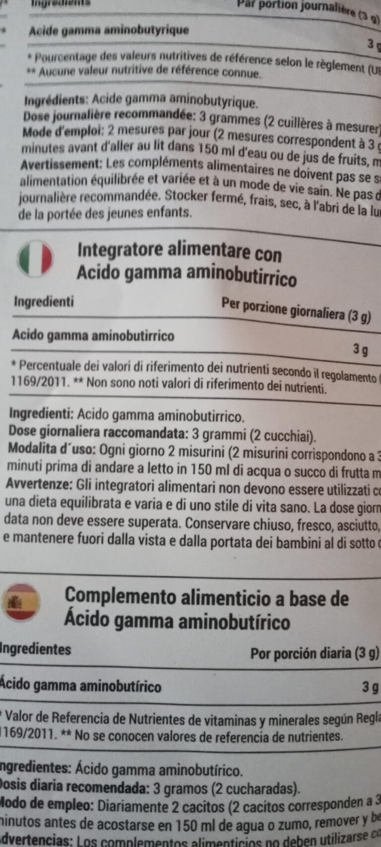 Gros plan sur l'arrière de l'emballage du sachet GABA Pure, montrant les instructions d'utilisation et les avertissements en...