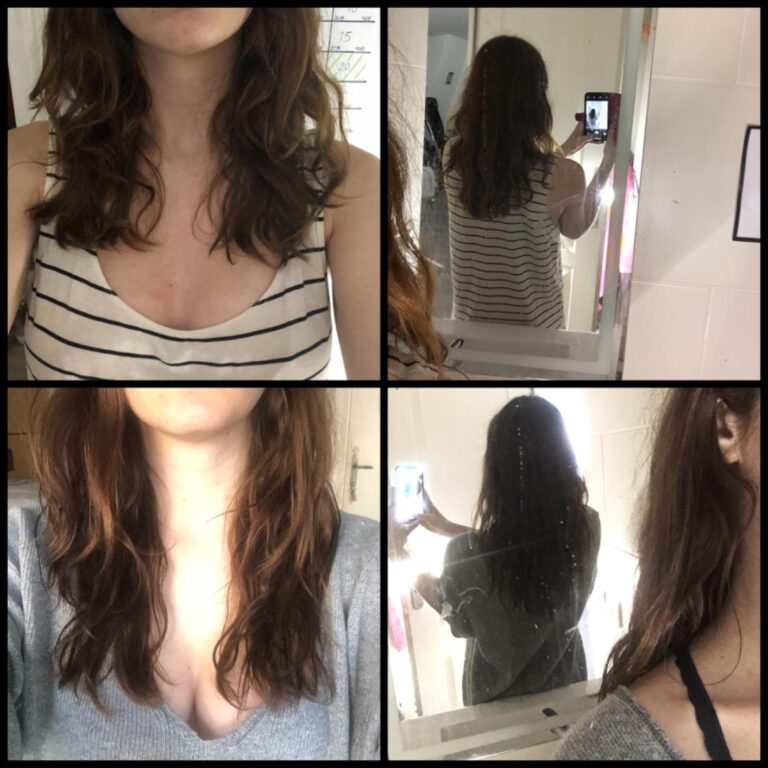 Quatre photos d'une femme de dos et de face avec des cheveux longs ondulés