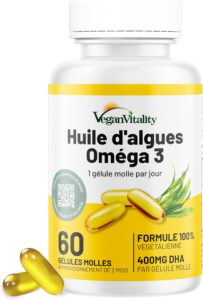 Omega 3 Vegan Huile d'algues 400 mg DHA par capsule, 60 capsules, soit 2 mois d'huile vege