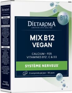 MIX B12 Vegan - Complément Alimentaire Vitamine B12 + D3 + C + Fer + Calcium - 2 Comprimés