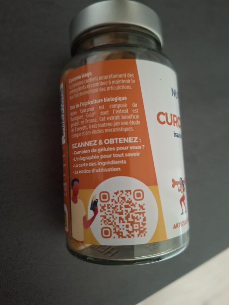 Flacon de Curcuma Bio Nutri&Co, face arrière, avec un QR code.