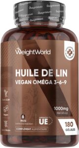 Omega 3 Vegan 180 Gélules de Huile de Lin Pressée à Froid 6 Mois de Stock, 1000mg de Grain