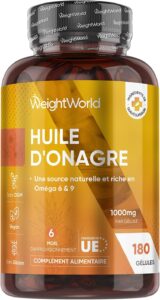 Huile d'Onagre Pressée à Froid 1000mg - 180 Gélules Vegan Multi Usages pour 6 Mois - Riche