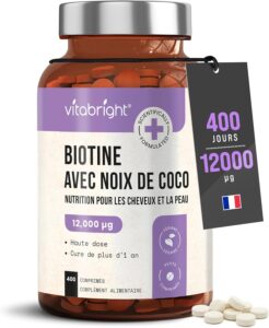 Biotine Cheveux Pousse Rapide | 12 000 mcg Extra Fort | 1 An en Bouteille | B7 Vitamine Co