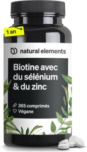 Biotine Complexe 365 Comprimés avec Zinc 10 mg et Sélénium 55 µg, 1000 µg pour Pousse Chev