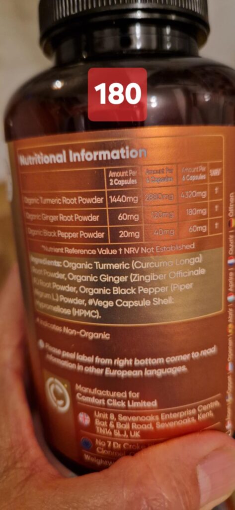 L'étiquette de la bouteille avec les informations nutritionnelles, les ingrédients et le fabricant, version pour 180 capsules