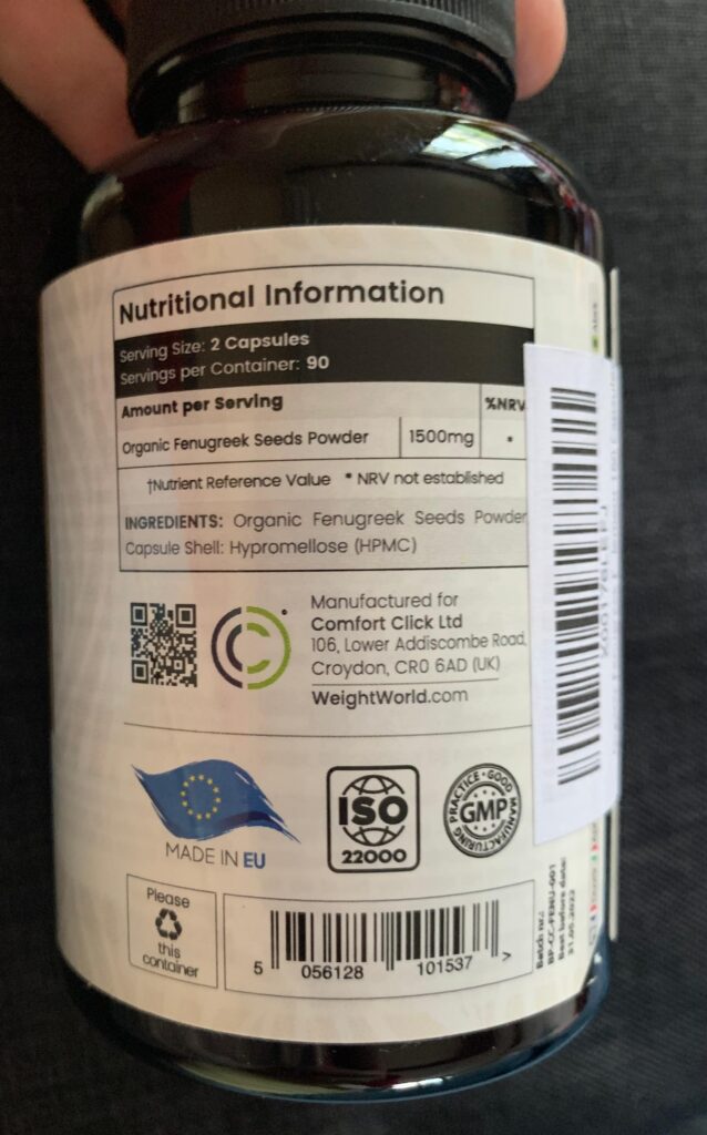 Dos de la bouteille de compléments alimentaires au fenugrec. On peut lire les informations nutritionnelles, l'adresse du fabr...