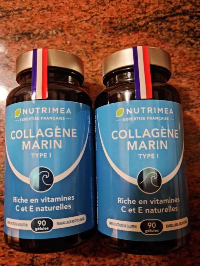 Deux flacons de compléments alimentaires Nutriméa Collagène Marin Type I, vus de dessus.