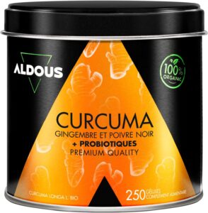 PROBIOTIQUE + Curcuma BIO + Gingembre -250 Gélules 1460mg -Avec Poivre noir