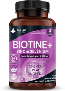 New Leaf Comprimés Biotine Cheveux, Comprimés de Biotine avec Zinc et Sélénium, 12 000 µg,