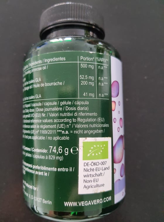 Étiquette du flacon d'huile de bourrache et onagre, vue arrière, détails de la composition et informations nutritionnelles.