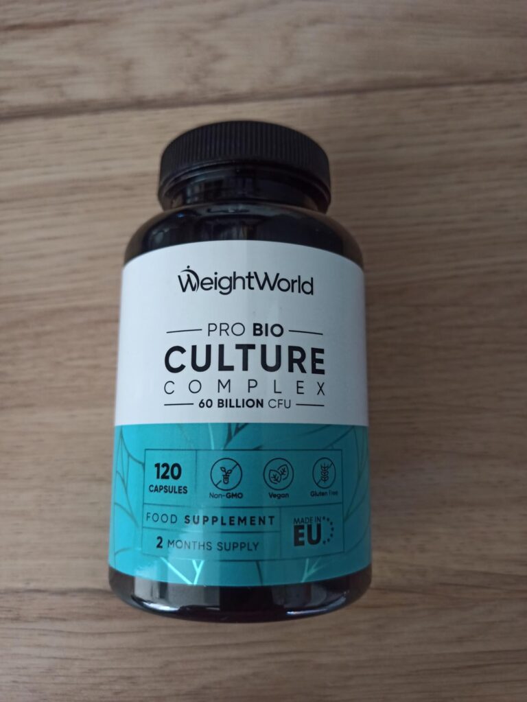 Bouteille de probiotiques WeightWorld sur un fond en bois clair, vue de face.