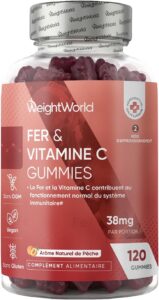 Fer Gummies & Vitamine C - 120 Gommes Vegan (pour 4 Mois) Faibles en Sucre