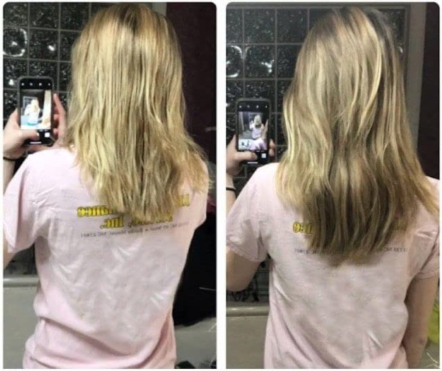 Deux images comparatives d'une personne de dos, montrant l'avant et l'après-utilisation du produit sur ses cheveux.