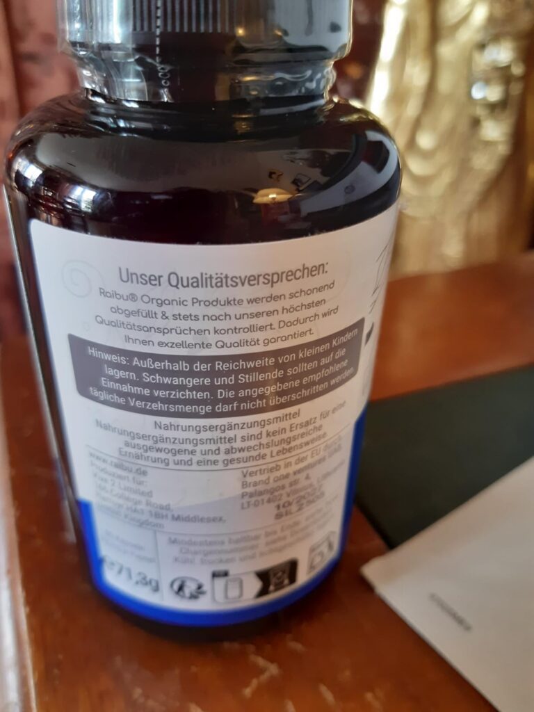 Bouteille de compléments alimentaires, face arrière avec texte