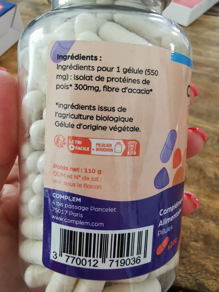 L'arrière de la bouteille de compléments alimentaires COMPLEM Récupamine, montrant les ingrédients et informations légales.