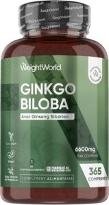 Ginkgo Biloba 6600mg avec Ginseng Sibérien, 365 Micro-Comprimés pour 1 An, Extrait de Gink