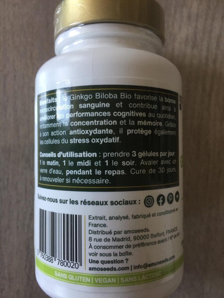 Flacon de Ginkgo Biloba en vue de dos, avec la description détaillée, les conseils d'utilisation et les informations de conta...