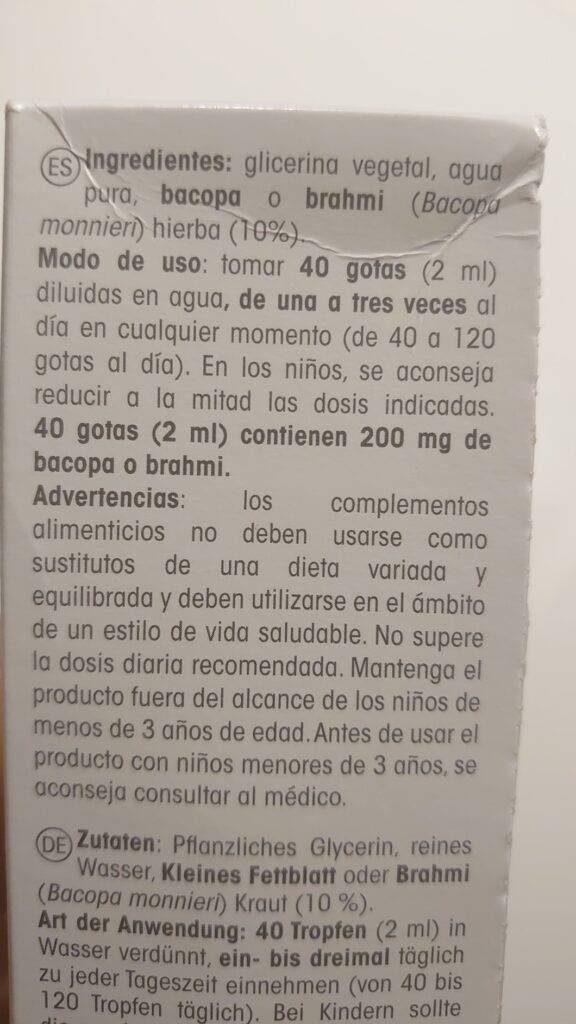 Texte des ingrédients et mode d'emploi de la teinture mère Bacopa Monnieri, en espagnol et allemand.