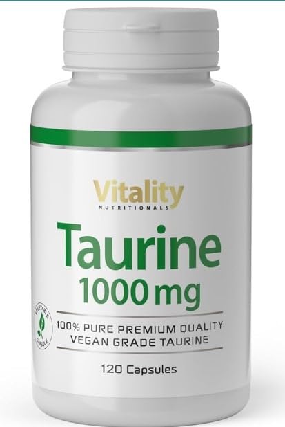 Un flacon blanc de Vitality Nutritionals Taurine 1000 mg, 120 capsules.