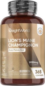 Lions Mane Champignon 365 Micro-Comprimés, Hericium Erinaceus & Poivre Noir