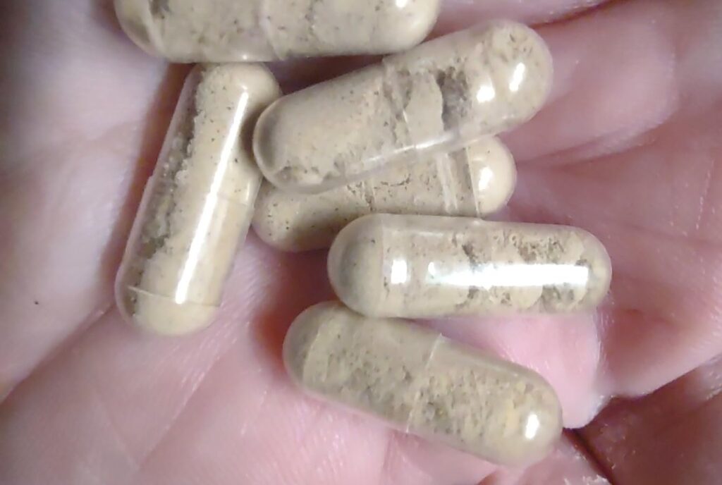 Gros plan sur des capsules de compléments alimentaires, tenues dans une main.