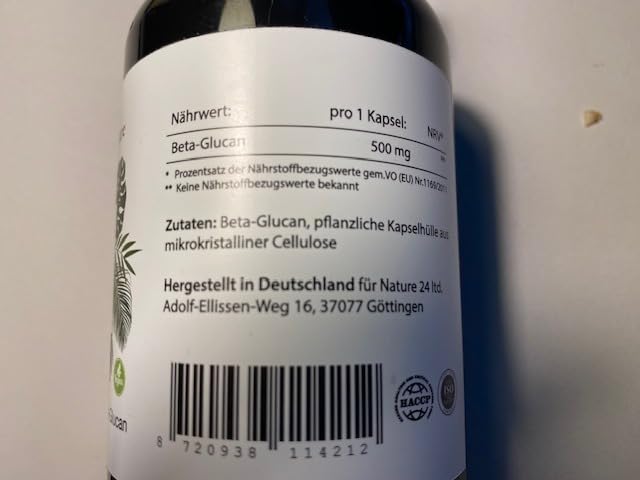 Partie arrière du bocal de gélules Beta-Glucan, montrant l'étiquette avec les informations nutritionnelles et les ingrédients...