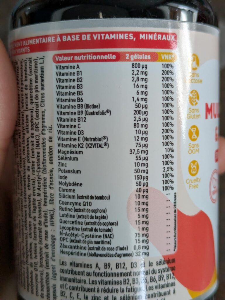 Tableau des valeurs nutritionnelles du complément alimentaire