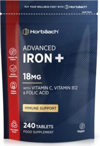 Fer Complément Alimentaire avec Acide Folique Vitamine B12 et Vitamine C | 18mg | 240 Gelu