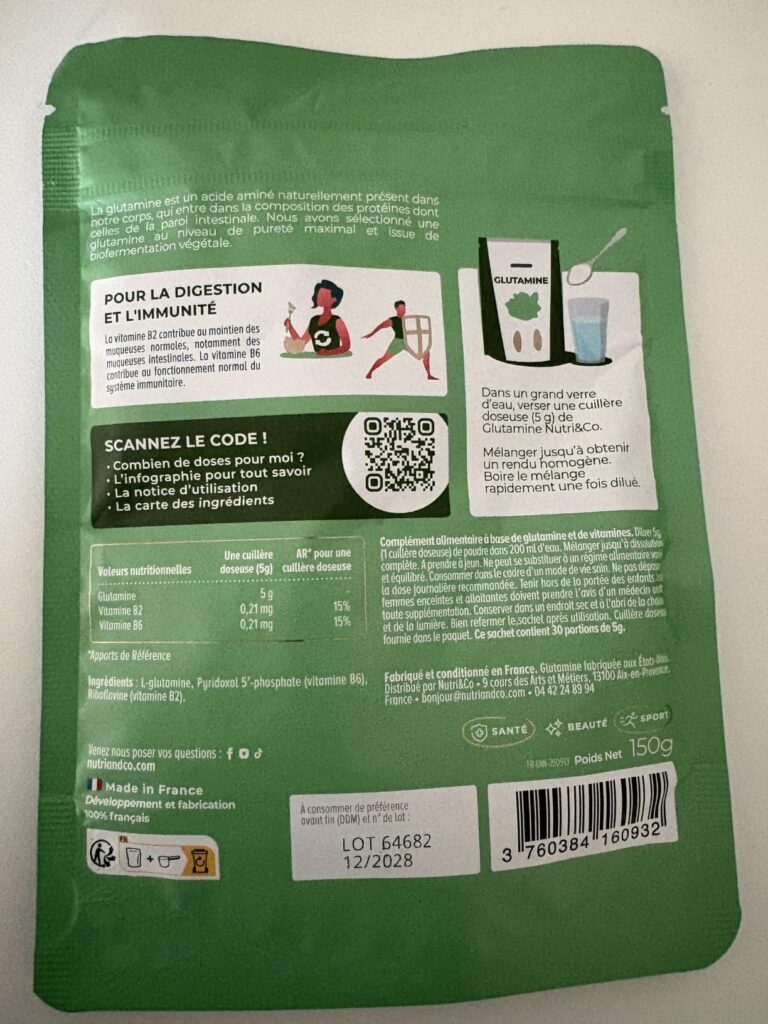 Sachet de L-Glutamine de la marque Nutri&Co, face arrière.