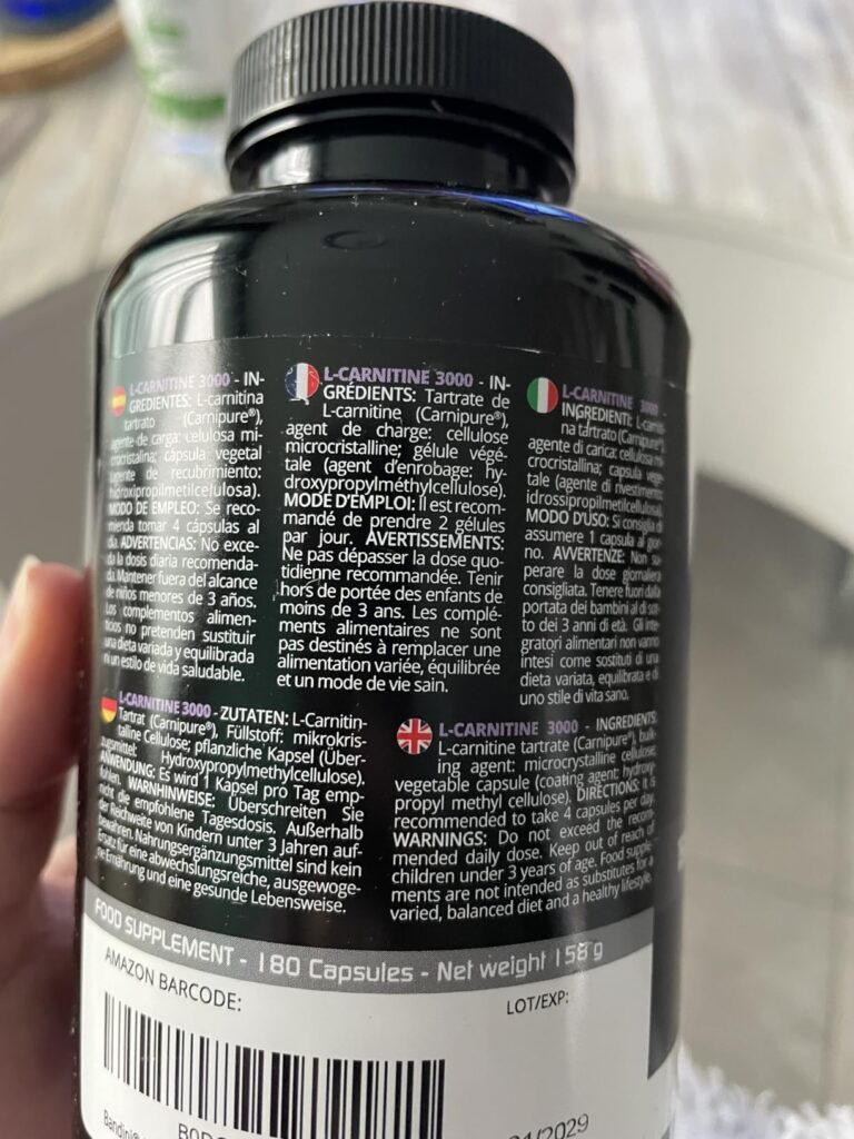 Vue arrière du flacon de L-carnitine 3000, avec les informations nutritionnelles et les avertissements légaux.