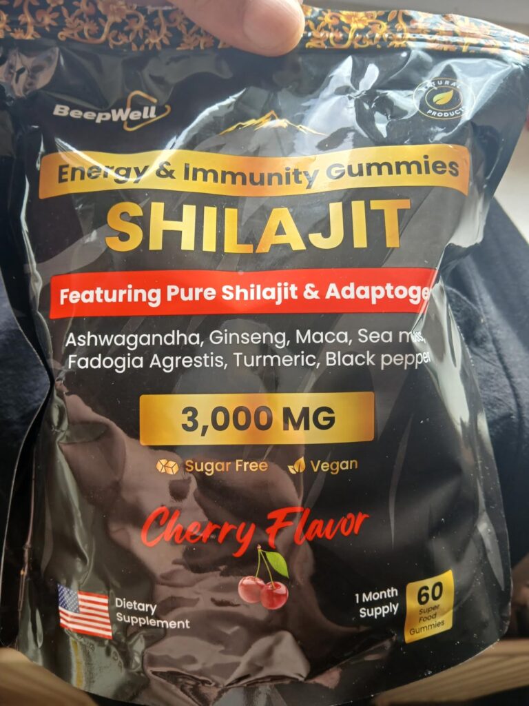 Image marketing du sachet de gummies Shilajit montrant les ingrédients et les allégations, très similaire au visuel 0.