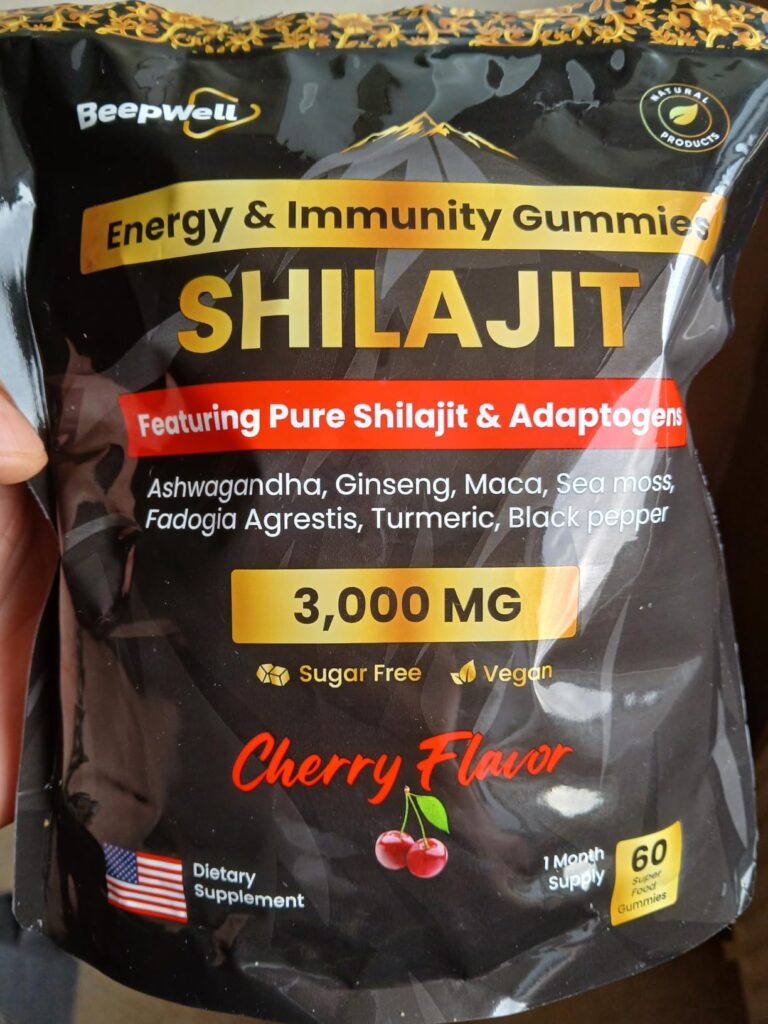 Image marketing du sachet de gummies Shilajit montrant les ingrédients et les allégations.