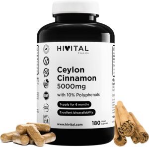 Cannelle de Ceylan 5000 mg. 180 gélules vegan pour 6 mois de traitement.