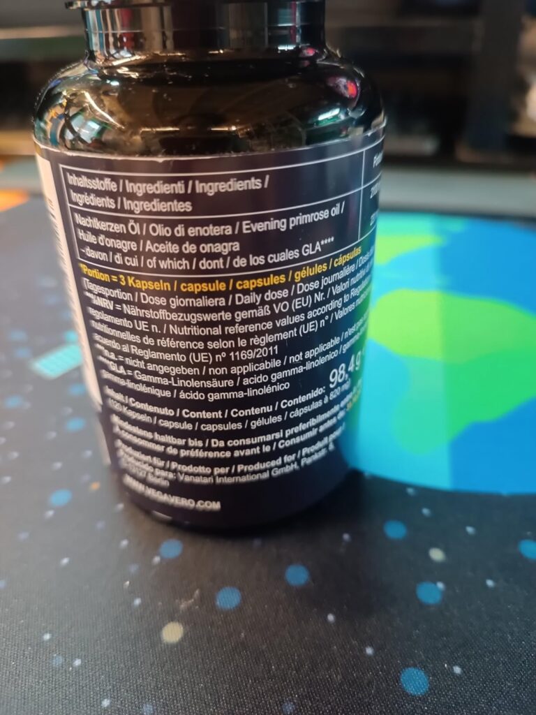 Étiquette arrière de la bouteille d'huile d'onagre Vegavéro, montrant les ingrédients et les informations nutritionnelles.