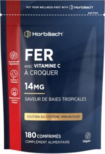 Fer Complément Alimentaire 14mg et Vitamine C 80mg | 180 Comprimés Végan à Croquer | Haute
