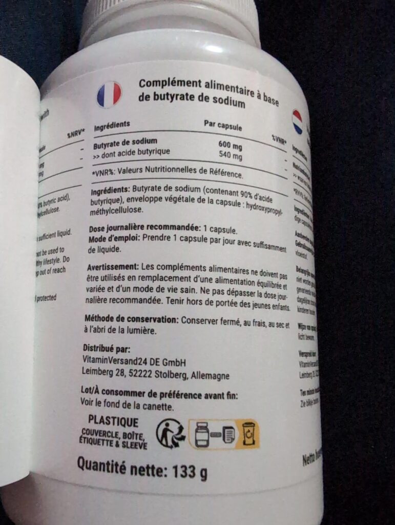Détails de l'étiquette du flacon de Sodium Butyrate, informations nutritionnelles et de dosage.