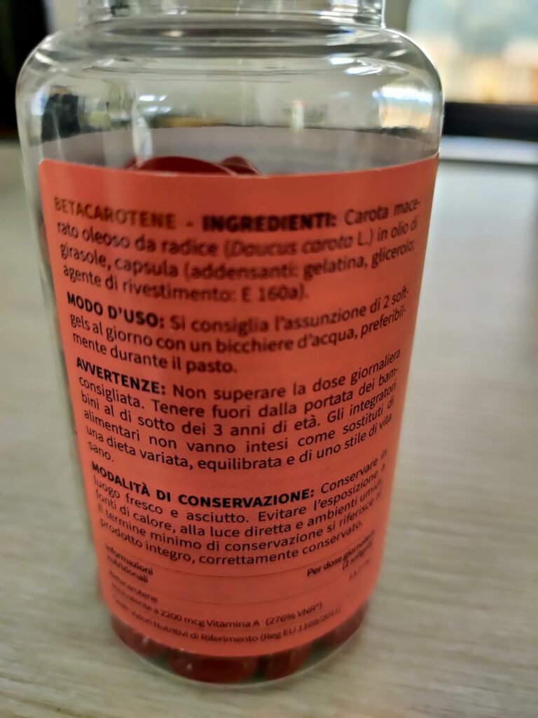 Informations au dos du pot de bêtacarotène Bandini Philauntia : ingrédients, mode d'emploi, avertissements et modalités de co...