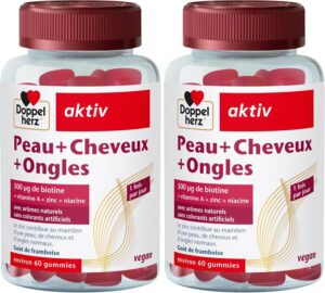 Doppelherz Peau+Ongles+Cheveux - Gummies à mâcher vegan - Avec zinc, biotine, vitamines A,