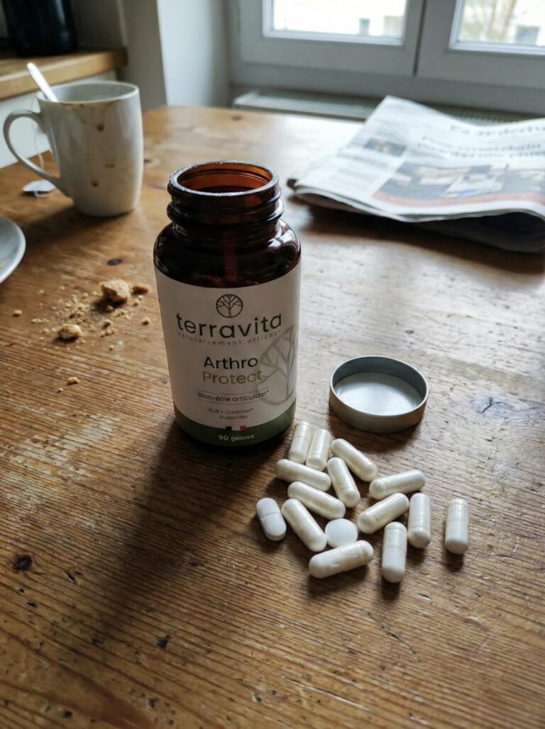 Bouteille de compléments alimentaires ouverte sur une table en bois avec des pilules éparpillées, une tasse et un journal en...