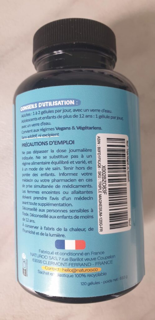 Bouteille de supplément alimentaire, étiquette dos visible