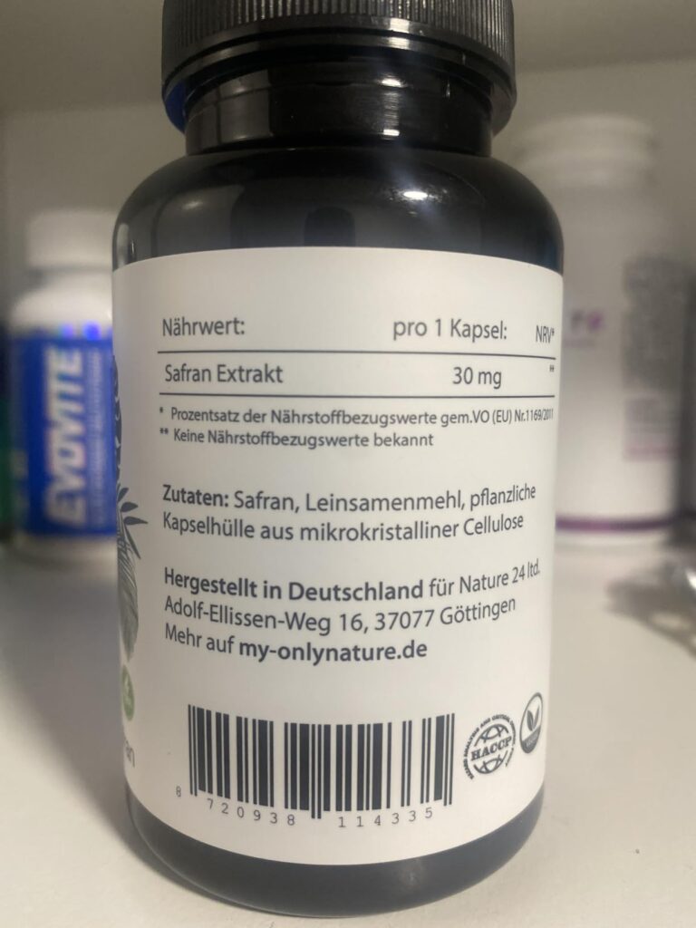 L'étiquette arrière de la bouteille Only Nature Safrant 30 mg.
